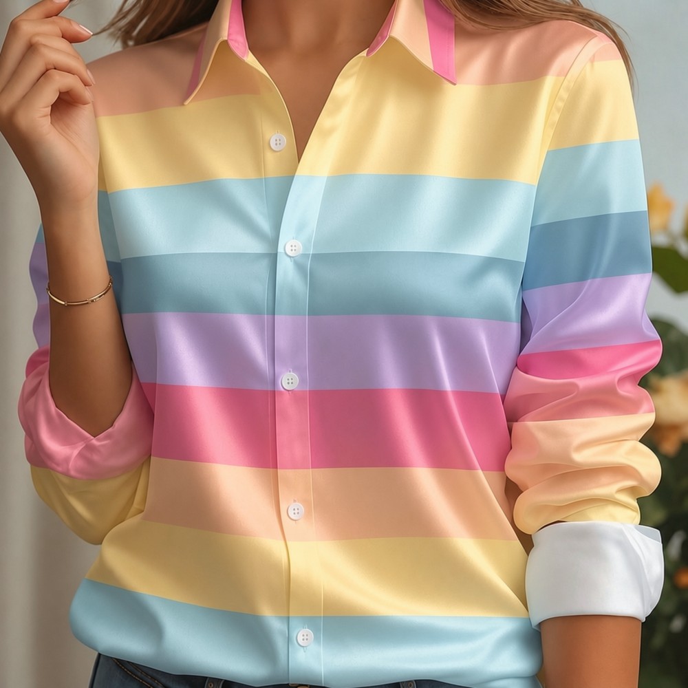Women'S Fashion Essentials - Women Satin Lapel Collar Shirt Pastel