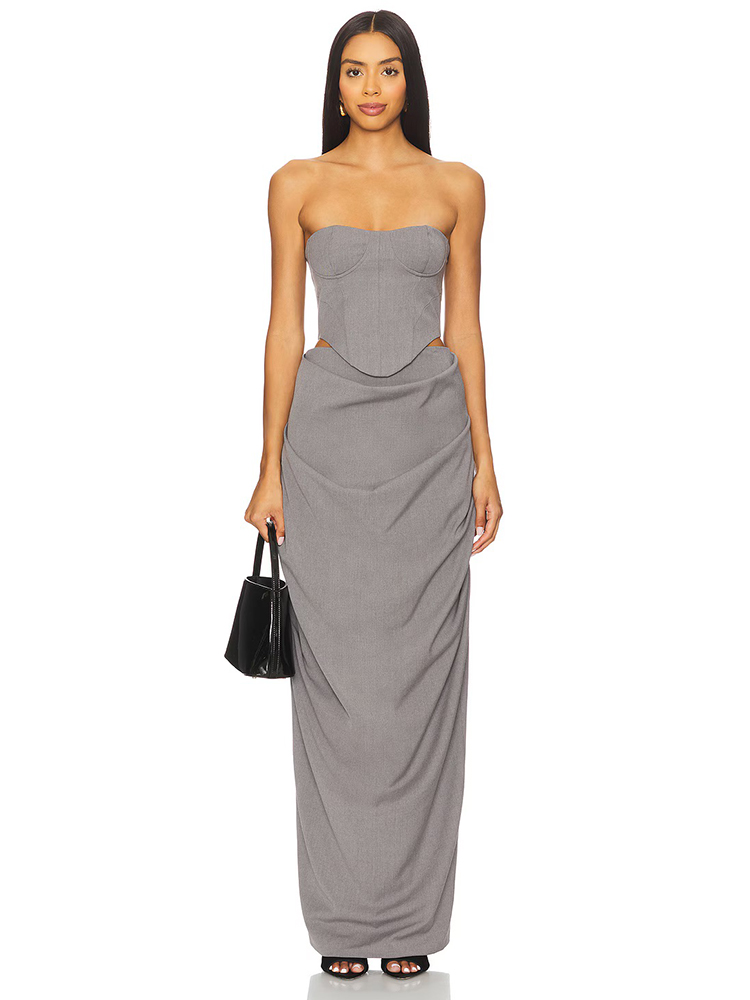 Corset Top Boned - Grey Off Shoulder Corset Ruched Dress