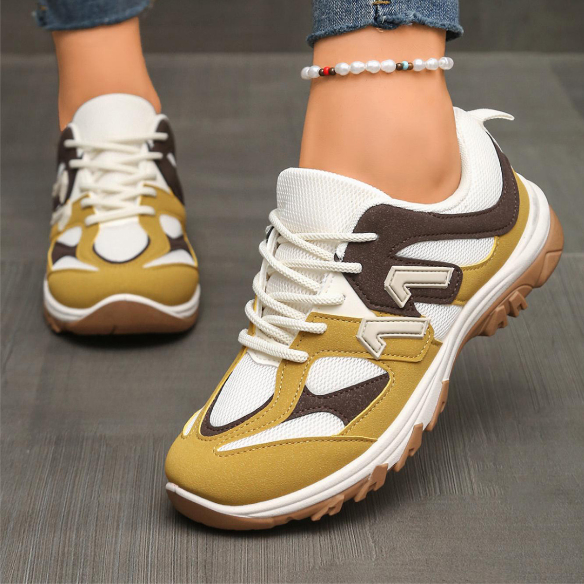 Fashion Gray Yellow Mix Color  - Women'S Yellow Fashion Sneakers 评论和价格