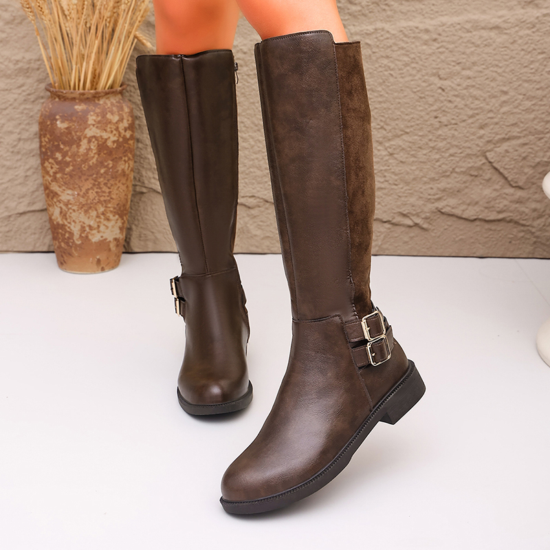 Fashion Buckle Brown Pu Leathe - Women'S Fashion Riding Boots 评论和价格
